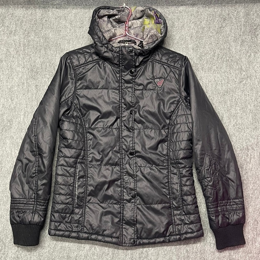 Fox Racing Y2K Womens Black Quilted Puffer Jacket Hooded Graphic Lining Size M